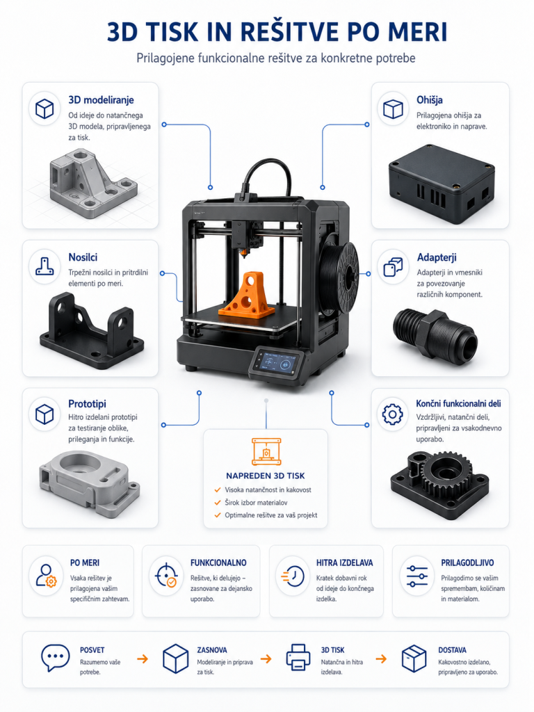Shema 3D tiska in rešitev po meri z izdelavo ohišij, nosilcev, adapterjev, prototipov in funkcionalnih tehničnih delov.