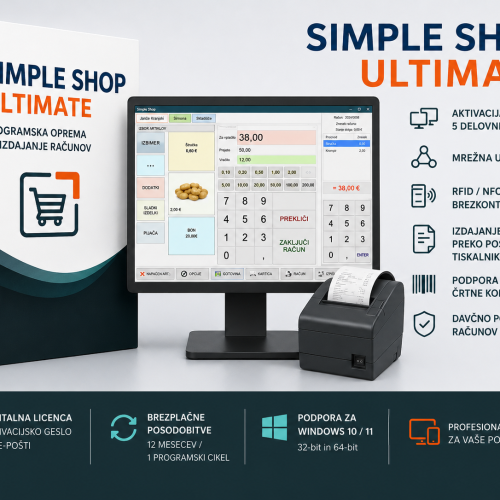 Simple Shop ULTIMATE Simple Shop ULTIMATE – programska oprema za izdajanje računov z aktivacijo na dveh delovnih postajah in podporo za POS ter A4 tiskalnike