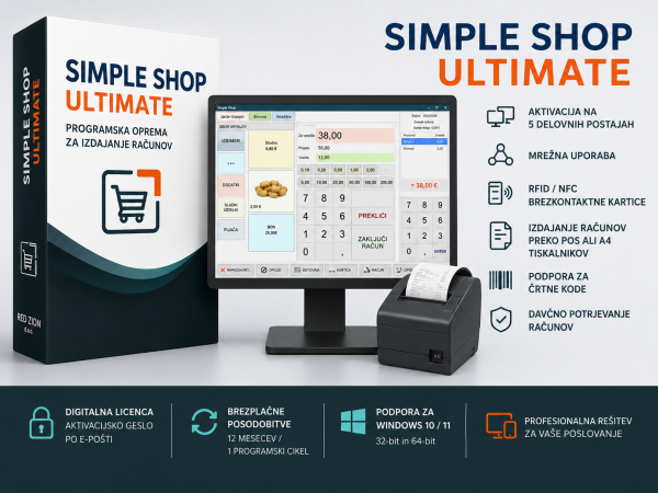 Simple Shop ULTIMATE Simple Shop ULTIMATE – programska oprema za izdajanje računov z aktivacijo na dveh delovnih postajah in podporo za POS ter A4 tiskalnike