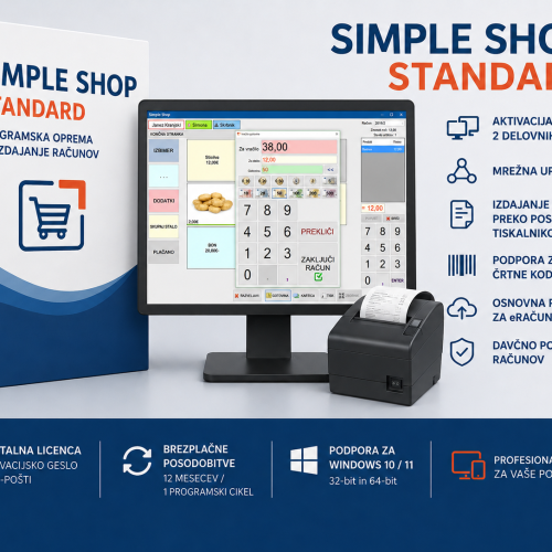 Simple Shop STANDARD Simple Shop STANDARD – programska oprema za izdajanje računov z aktivacijo na dveh delovnih postajah in podporo za POS ter A4 tiskalnike