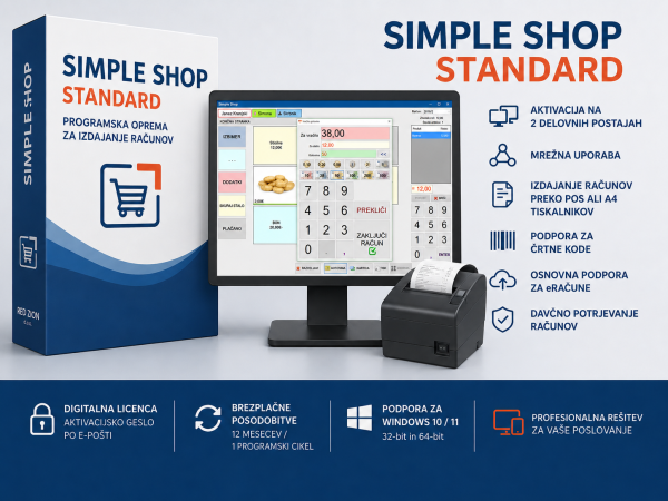 Simple Shop STANDARD – programska oprema za izdajanje računov z aktivacijo na dveh delovnih postajah in podporo za POS ter A4 tiskalnike
