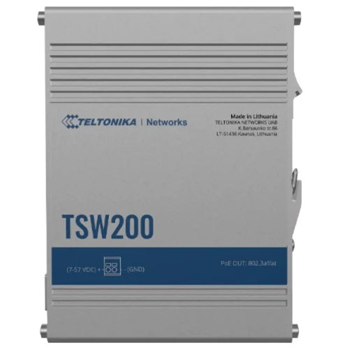 Teltonika industrial unmanaged Gigabit PoE+ Switch with SFP TSW200 Teltonika TSW200 – industrijsko gigabitno PoE+ stikalo z 2× SFP