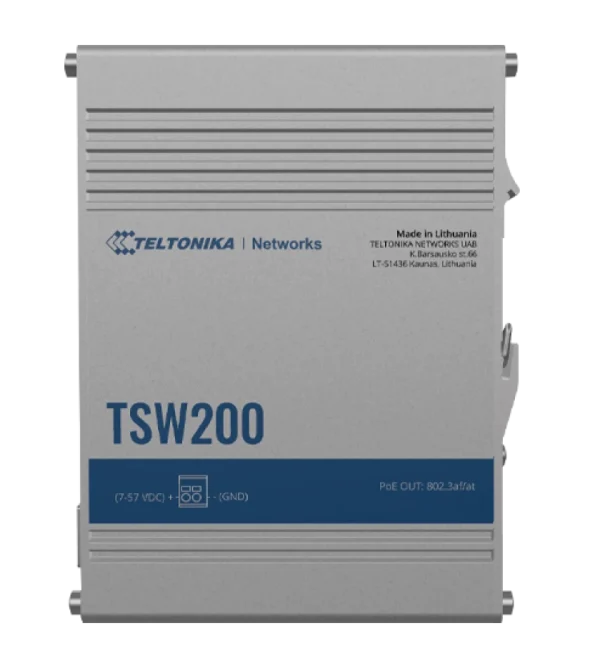 Teltonika industrial unmanaged Gigabit PoE+ Switch with SFP TSW200 Teltonika TSW200 – industrijsko gigabitno PoE+ stikalo z 2× SFP