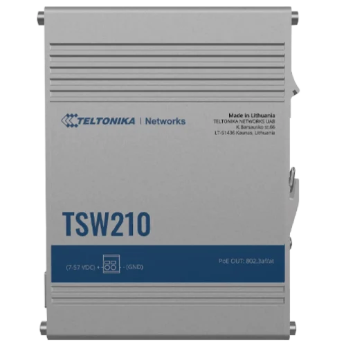 Teltonika industrial unmanaged Gigabit Switch with SFP TSW210 Teltonika TSW210 – industrijsko gigabitno stikalo z 2× SFP