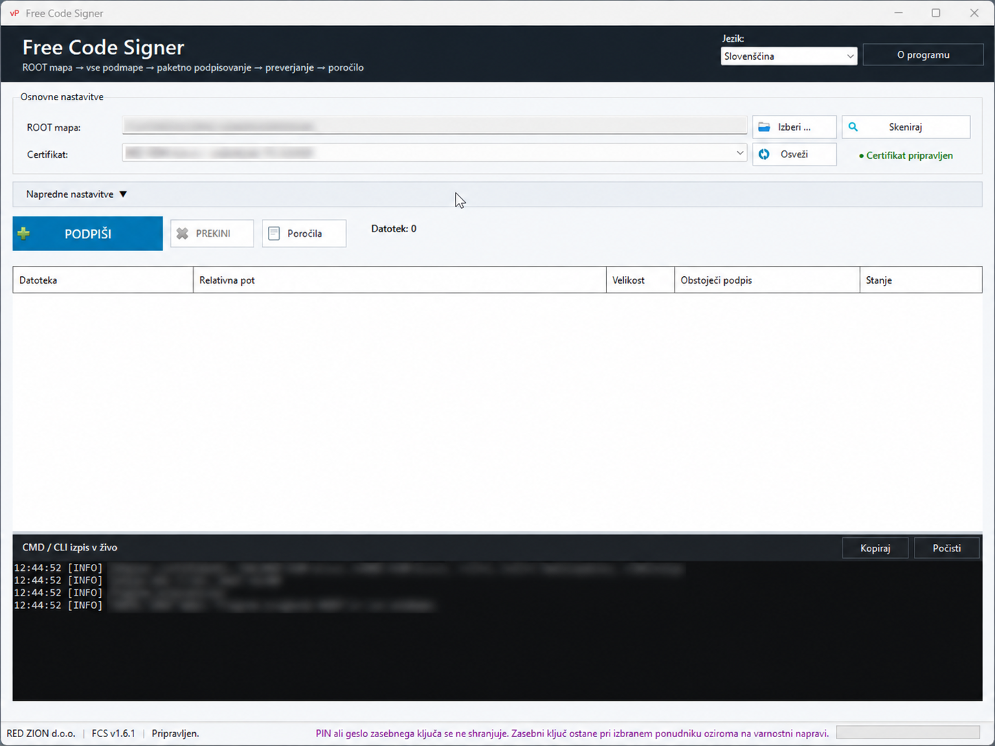 Free Code Signer – osnovno okno programa za digitalno podpisovanje datotek