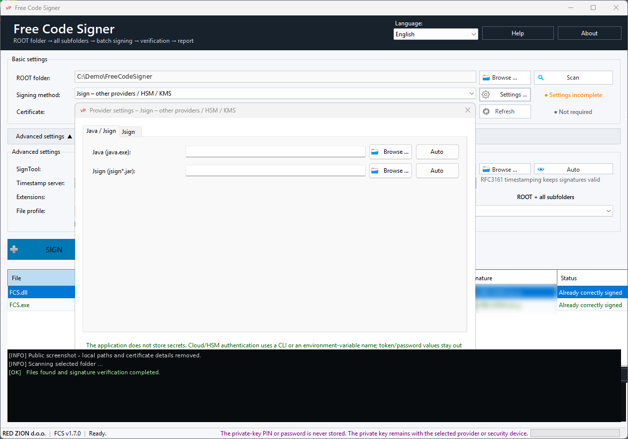 Free Code Signer – nastavitve Jsign ponudnika za Code Signing