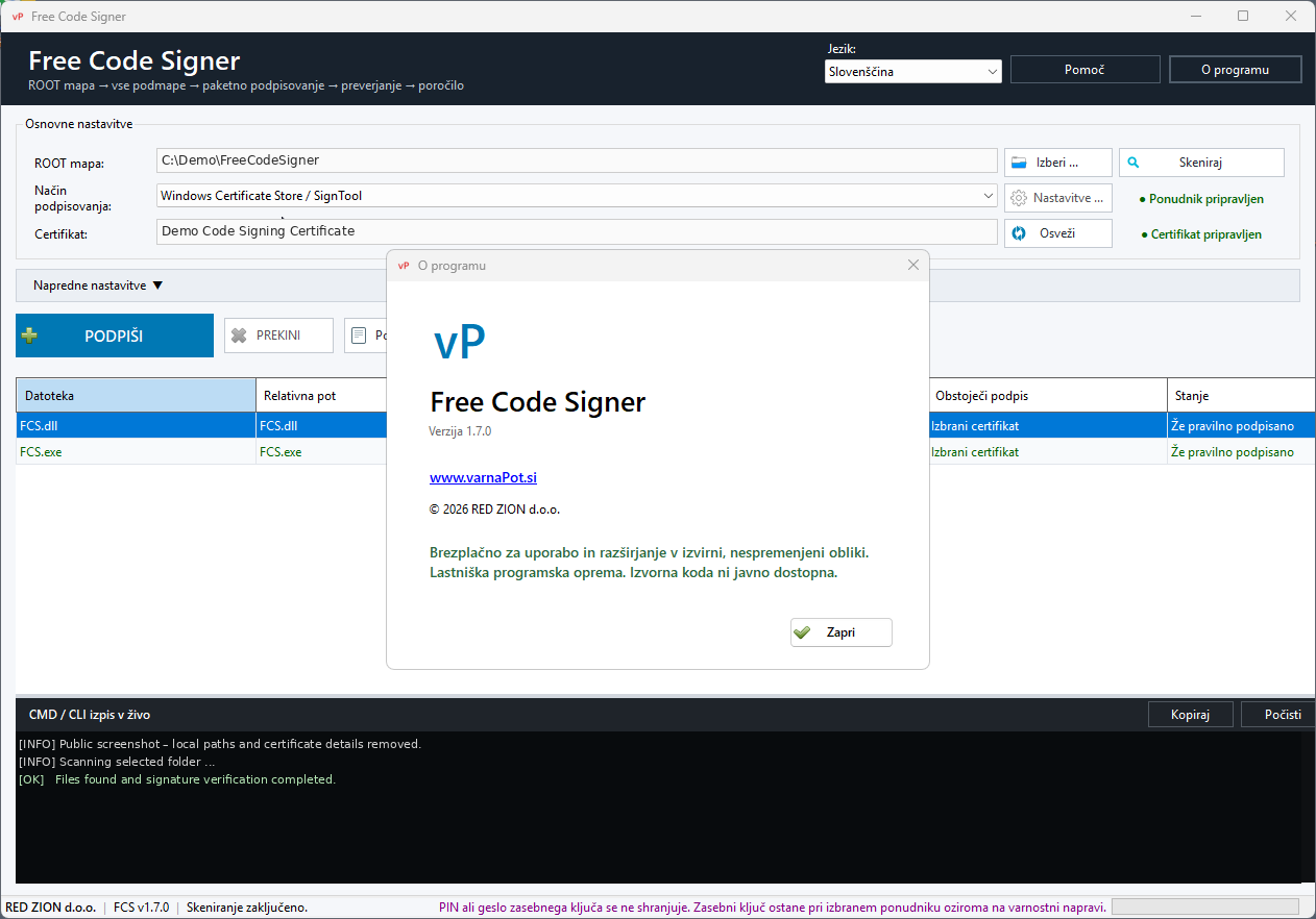 Free Code Signer v1.7.0 – okno O programu