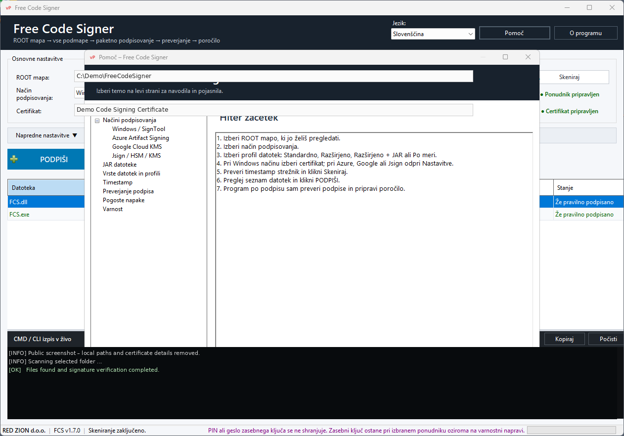 Free Code Signer v1.7.0 – vgrajena pomoč za uporabo