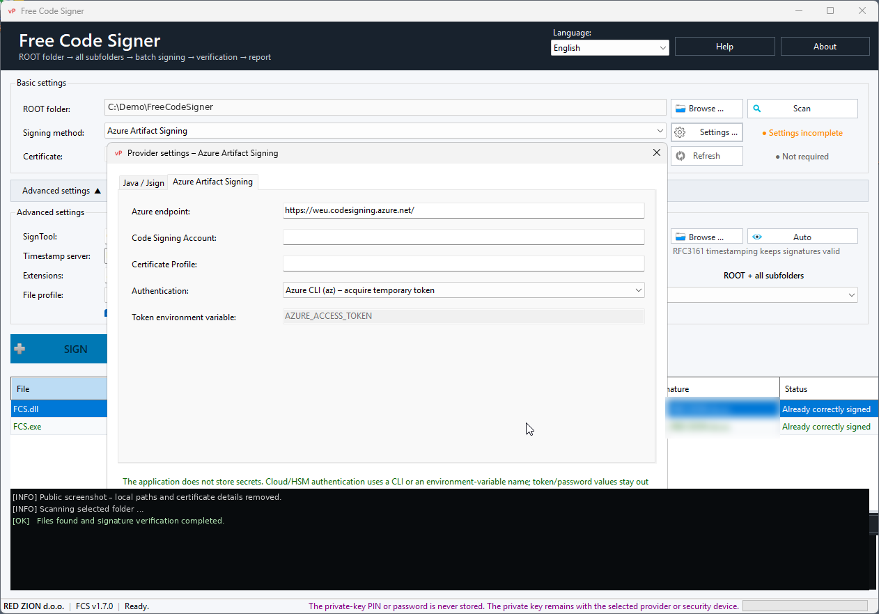 Free Code Signer – nastavitve Azure Artifact Signing