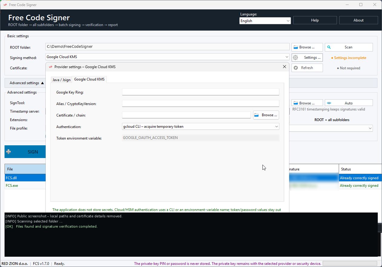 Free Code Signer – nastavitve Google Cloud KMS