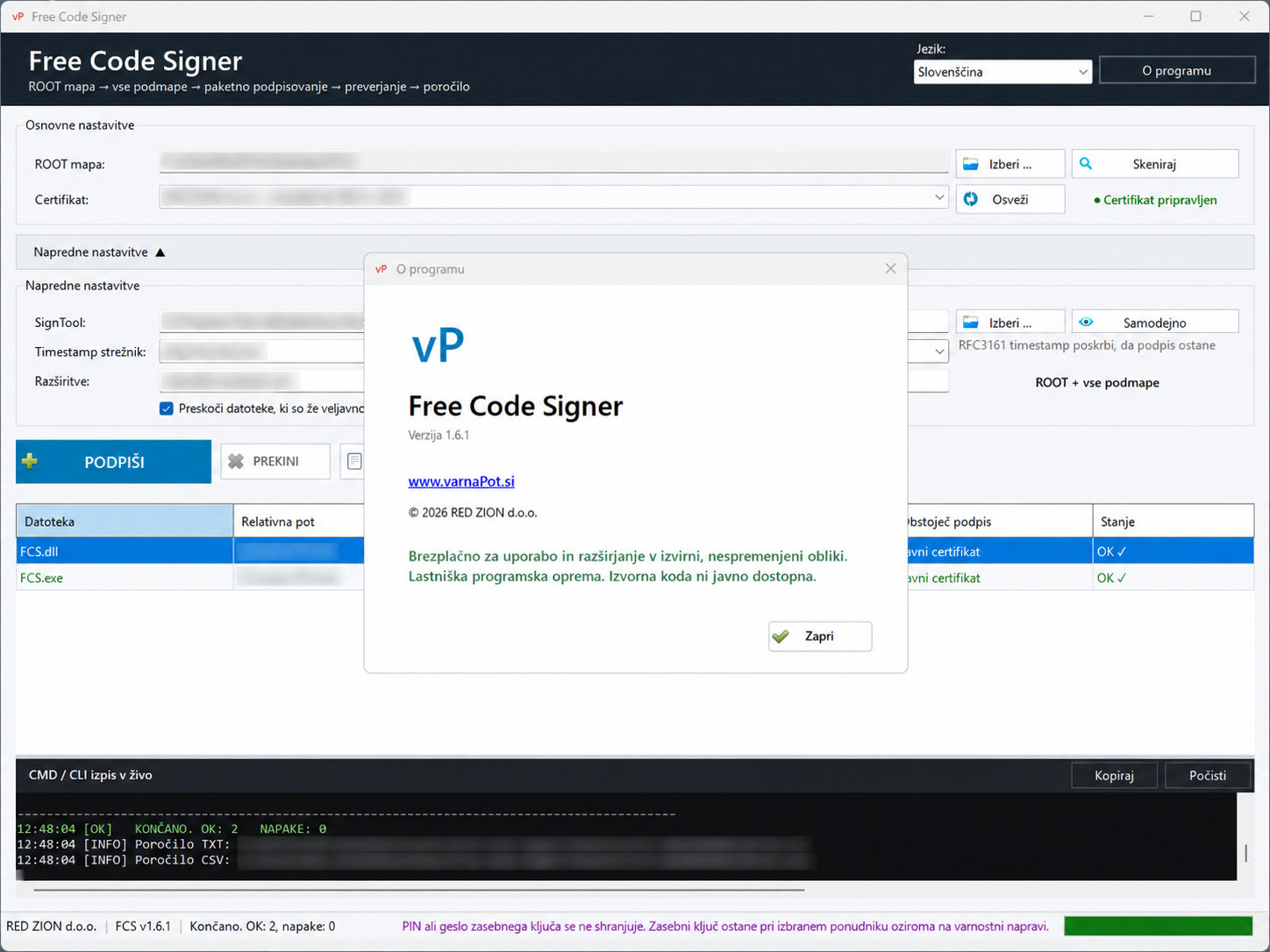 Free Code Signer – okno O programu in freeware licenca