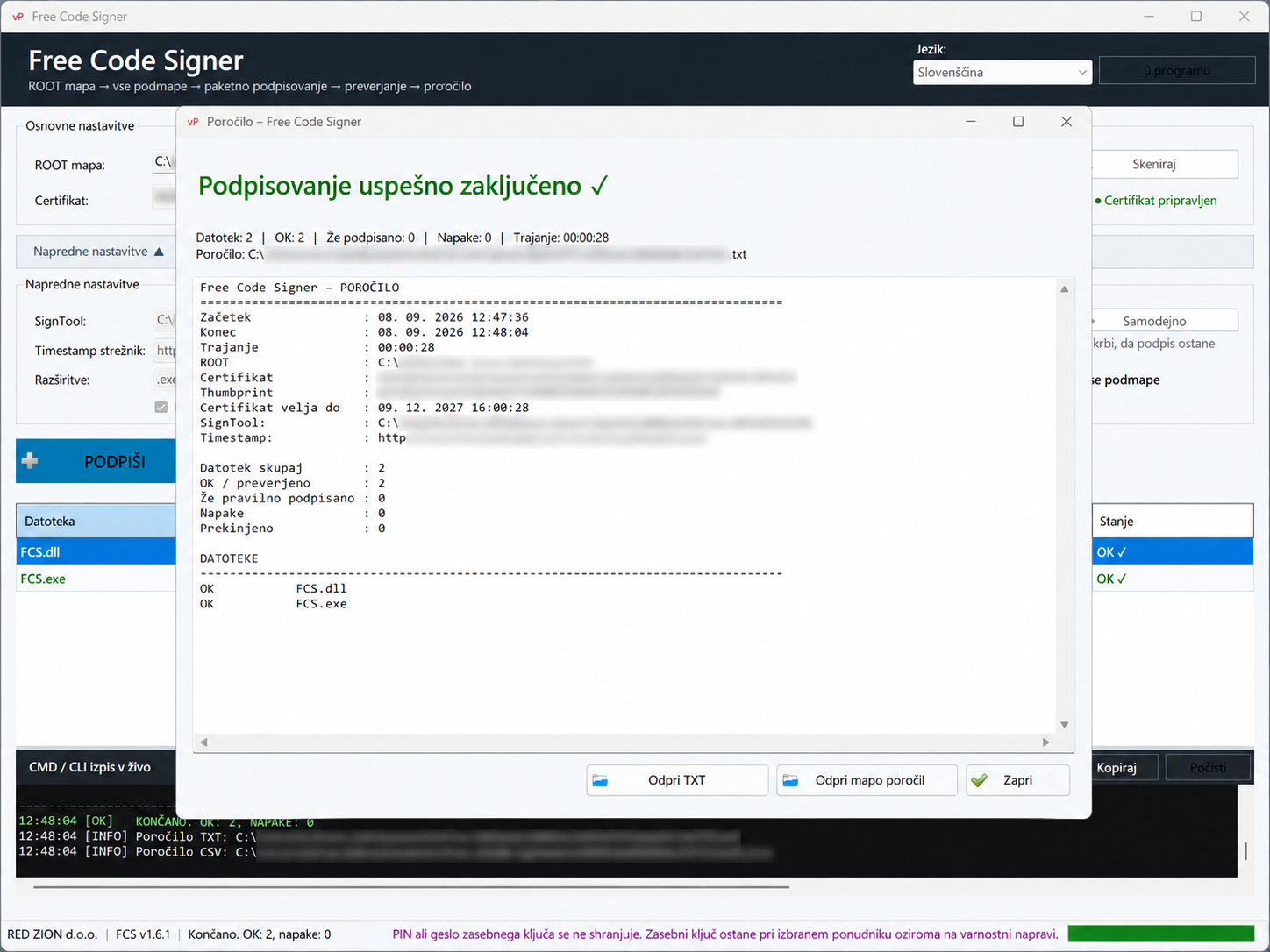 Free Code Signer – poročilo o uspešno zaključenem podpisovanju datotek