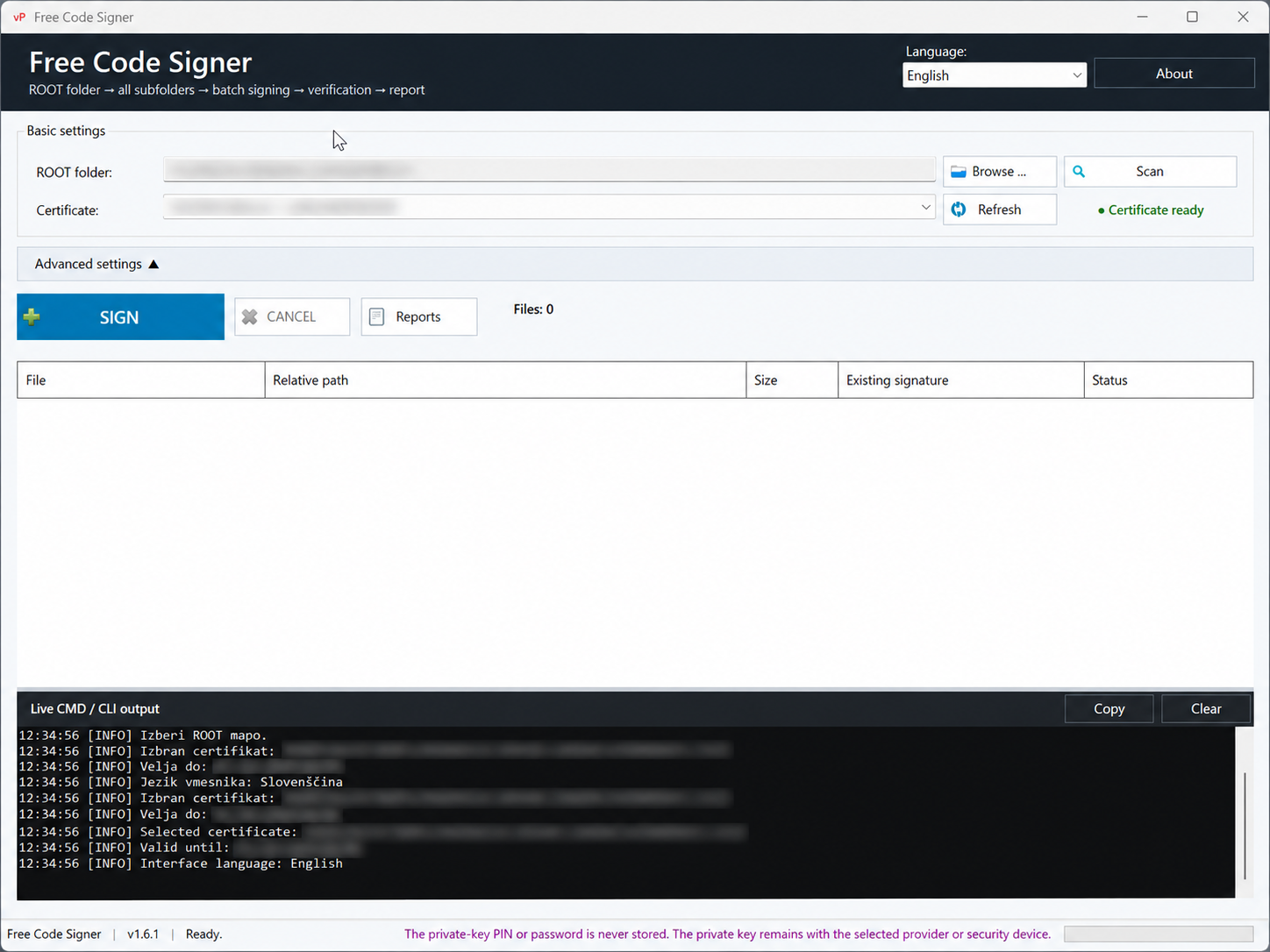 Free Code Signer – angleški uporabniški vmesnik