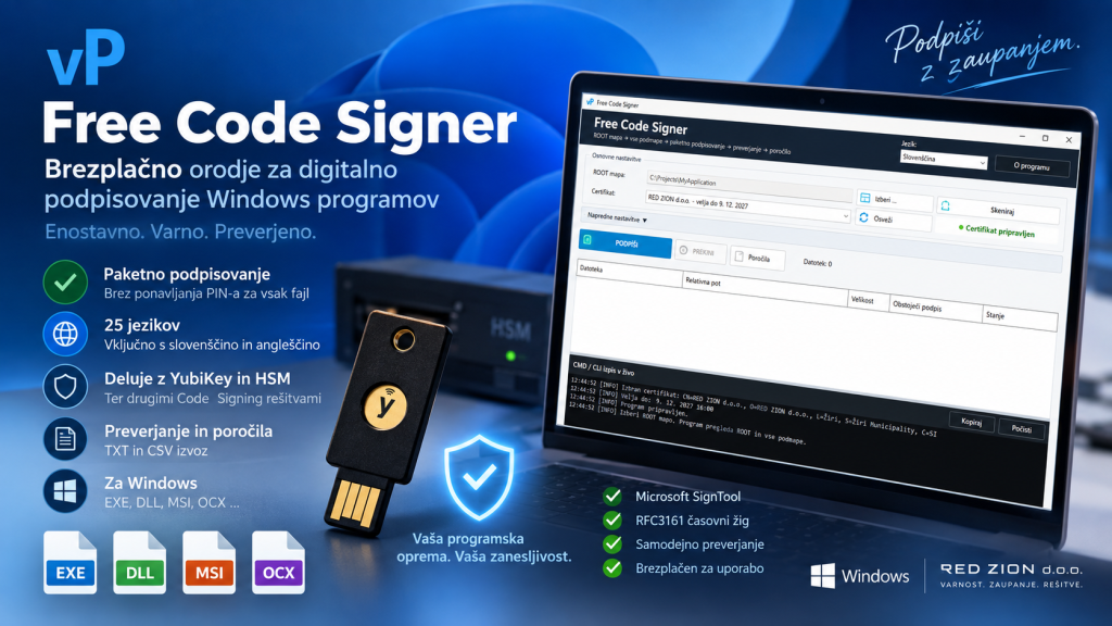 Free Code Signer za digitalno podpisovanje Windows programov z YubiKey, HSM in Microsoft SignTool