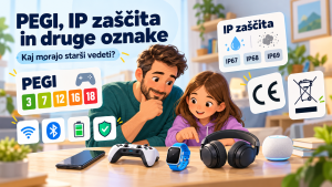 Oče in otrok spoznavata varnostne oznake PEGI, IP67, IP68, IP69, CE ter druge oznake na elektronskih napravah.